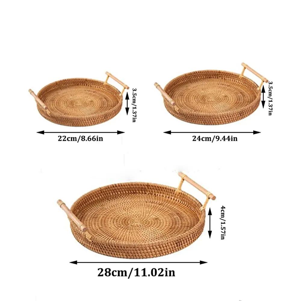 Rattan Bread Storage Woven Round Tray Snacks Fruit Picnic Binaural Tray Living Room Table Storage Decoration Kitchen Organizer
