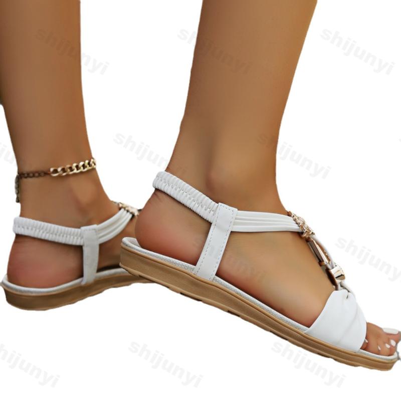 Fashion Women Clip Toe Flat Gladiator Sandals Summer Bohemian Open Toe Sandals Woman Fashion Beaded Non Slip Beach Shoes Plus Size 43