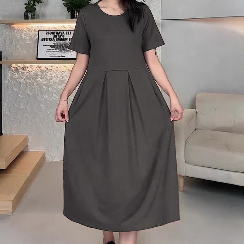 

French casual gray short-sleeved dress for women s new summer high-end waist and thin pleated long dress 3XL