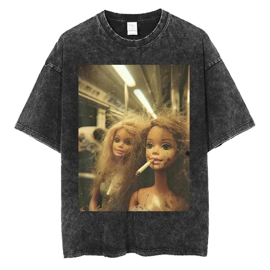 Tricou supradimensionat amuzant cu fața de păpușă uzată, fumând, unisex, pentru femei, streetwear, bumbac, tricou spălat vintage pentru tricouri unisex pentru femei