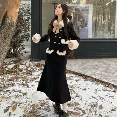 Rich Heiress Padded Thick Woolen Coat Long Skirt Suits Women Autumn New Fashion Set Female Office Lady Clothing