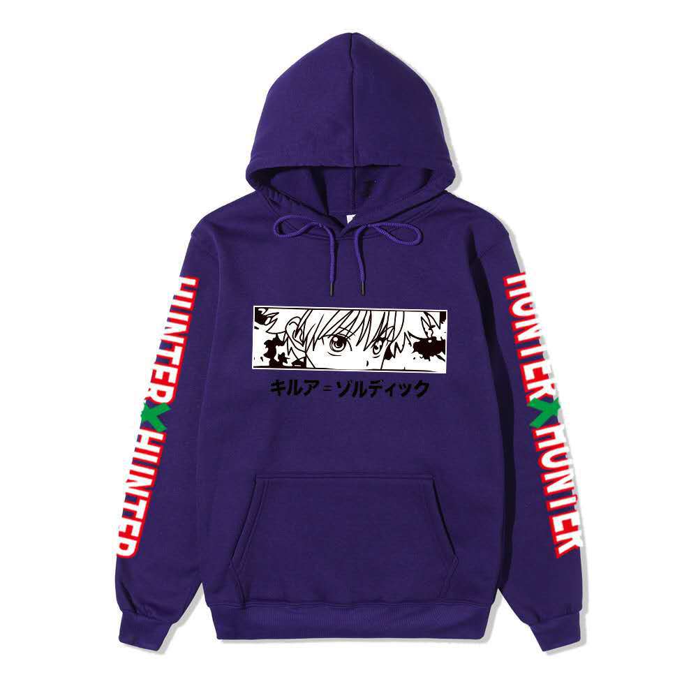 Hunter X Hunter Killua Anime Hoodie Sleeve Letter Print Black Manga Long Sleeve Casual Hooded Pullover Sweatshirt