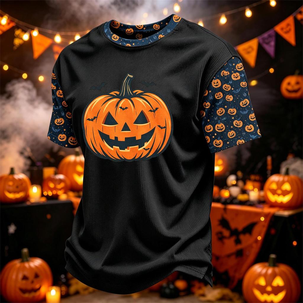 Herren Freizeit Corduroy Kurzarm Rundhals Leicht Atmungsaktiv T-Shirt mit Halloween Kürbis Print Design Bequeme Passform