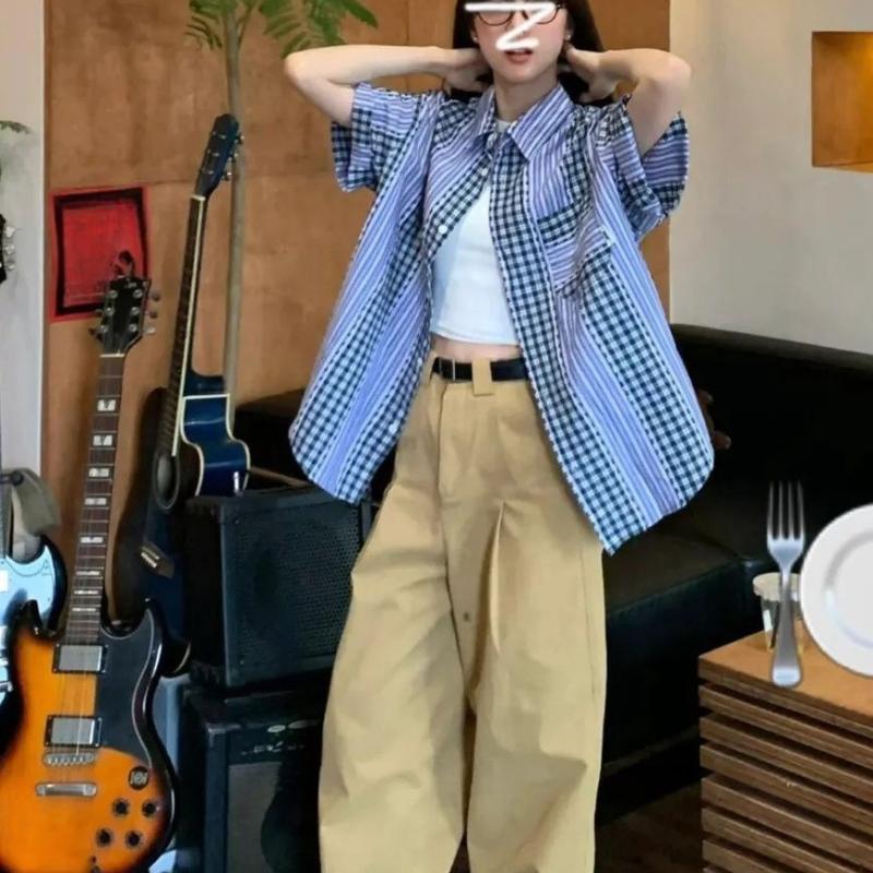 

Женская клетчатая рубашка с коротким рукавом, дизайн с контрастной цветной вставкой, карманные топы, летняя тонкая куртка с коротким рукавом для леди XXL