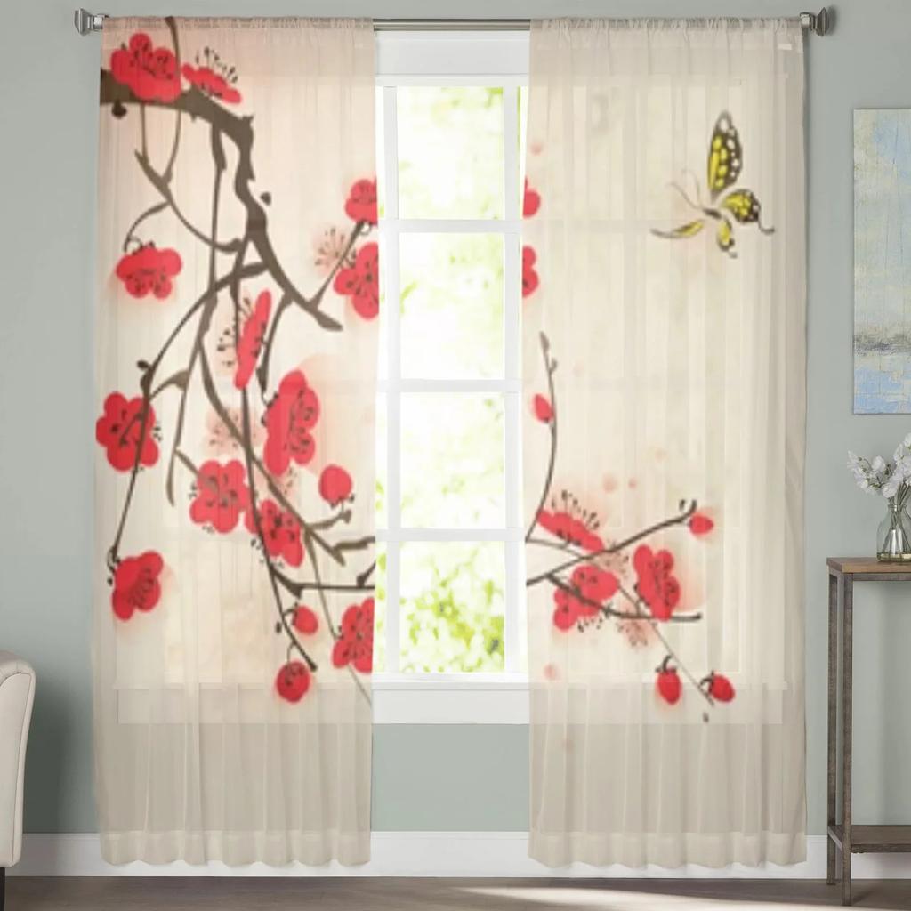 Διαφανείς κουρτίνες από άνθος δαμάσκηνου και πεταλούδα για παράθυρο σαλονιού Διαφανές τούλι κουρτίνα κουρτίνες κρεβατοκάμαρας Διακόσμηση σπιτιού