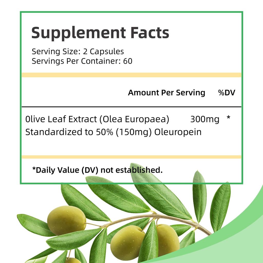 High-strength olive leaf capsules, olive leaf extract, containing oleuropein, suitable for adults.