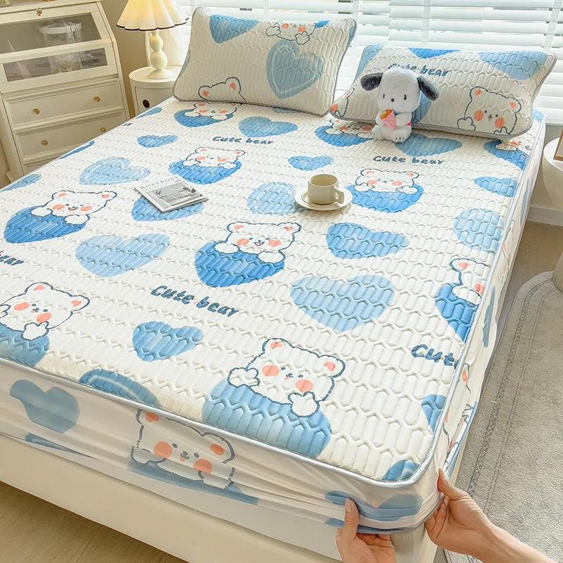 3Pc Summer Natural Latex Cooling Mat Set Cartoon Printed Fitted Sheet With Pillowcase Soft Non Slip Bedding With Elastic Band