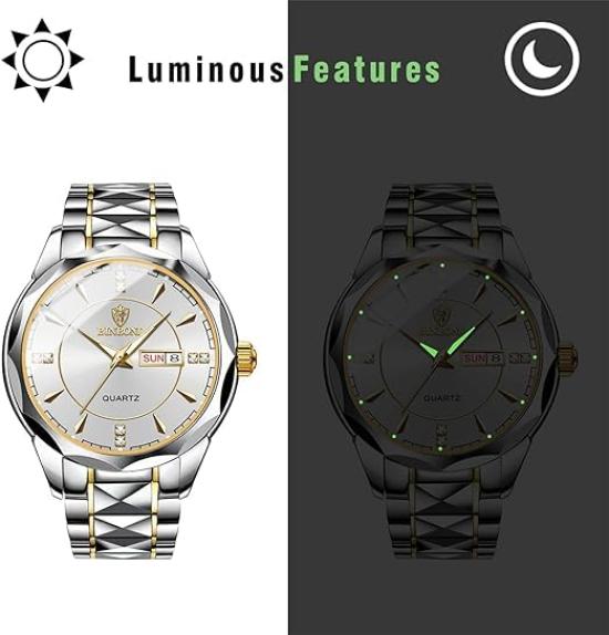 Watch Precision Steel Analog Copy Watch Men Luminous Date Day of the Week Waterproof Watch Easy To Read Dial Stainless Steel Level Adjustable Silver