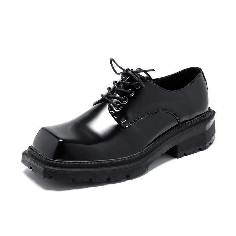 Pantofi Derby pentru bărbați din piele lăcuită cu vârf pătrat - Negru, Lucios, Casual, Stil britanic și coreean, Cu înălțare, Modă de vară