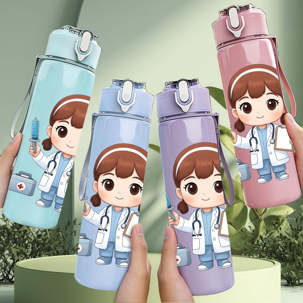 1PC Female Nurse Cartoon Art 750ml Color Plastic Sports Water Bottle Leakproof Flip Straw Lid Suitable for Sports Office Home Use