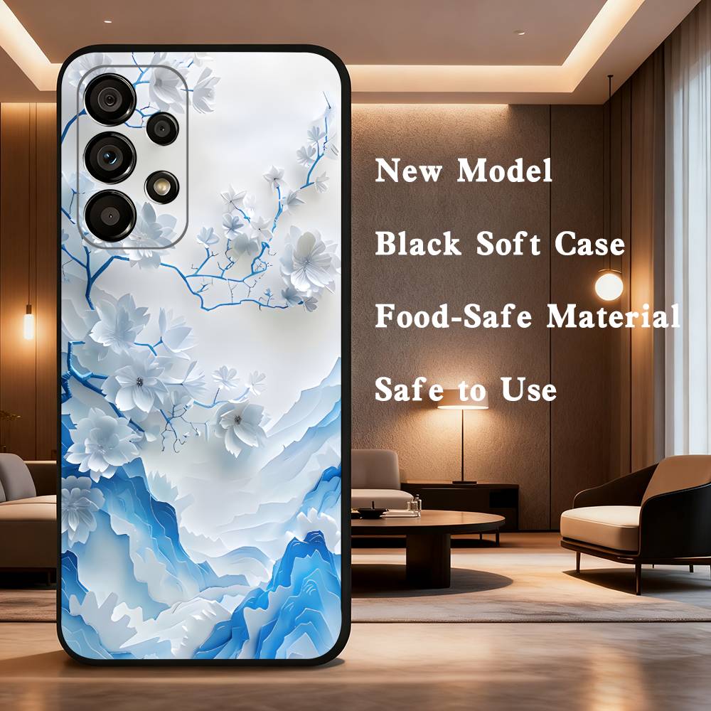 blue and white porcelain Phone Case For Samsung Galaxy A73,31,32,72,41,53,52,71,22,5G,Note,J7,8,9 Soft Black Cover