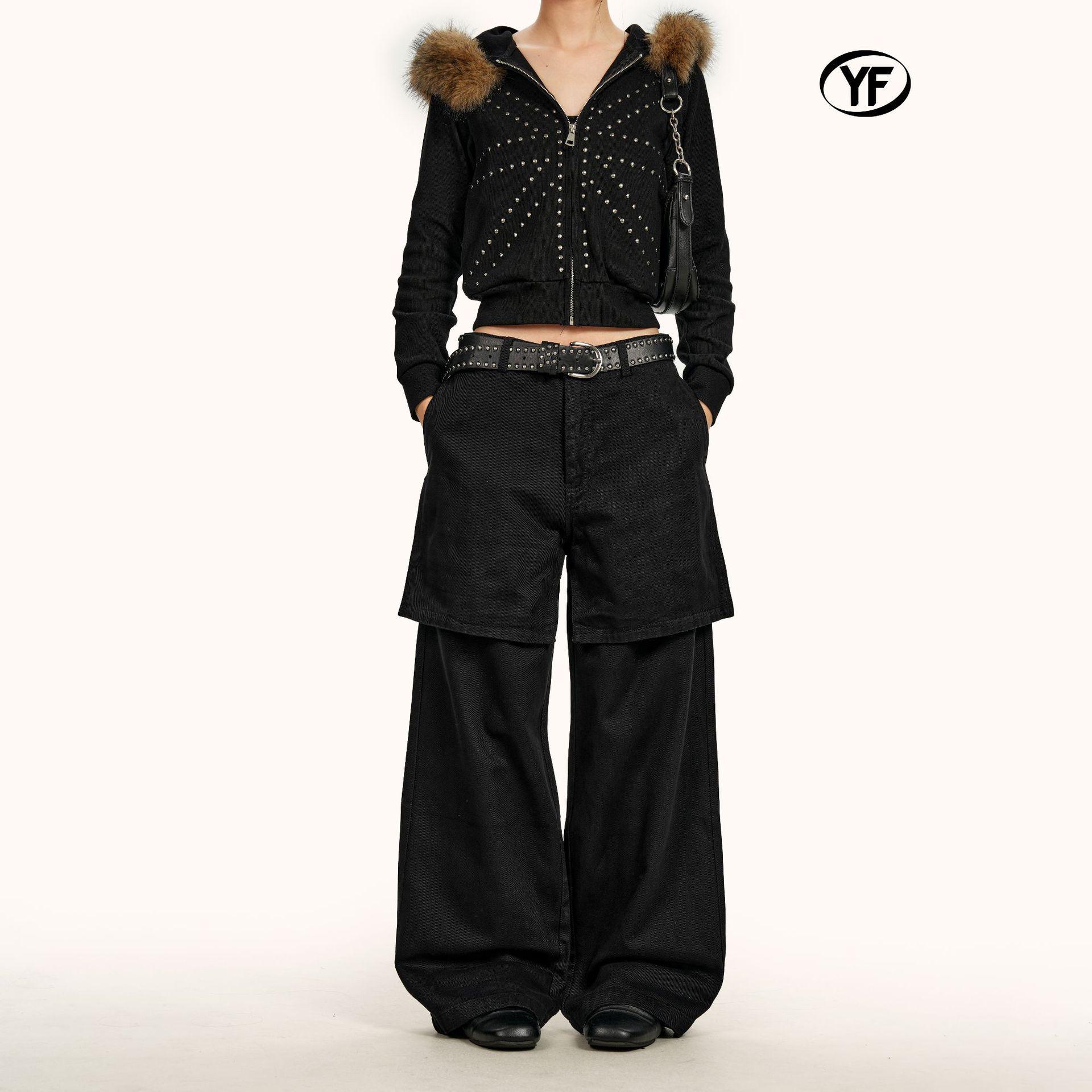 Yongfang Unisex Retro Black Wide-Leg Pants with Two-Piece Patch Design S