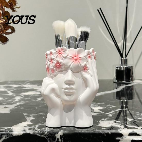 Desktop Storage Organizer Box, with Artistic Side Face Design, Nordic Style Versatile Makeup Luxury Vanity Decor Brush Holder, for Bedroom Dressing
