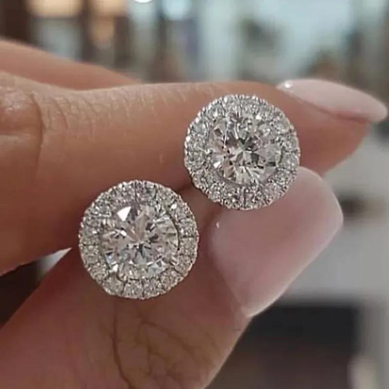 Female Luxury Crystal Round Stud Earrings Vintage Copper Color Wedding Zircon White Zircon Stone  For Women