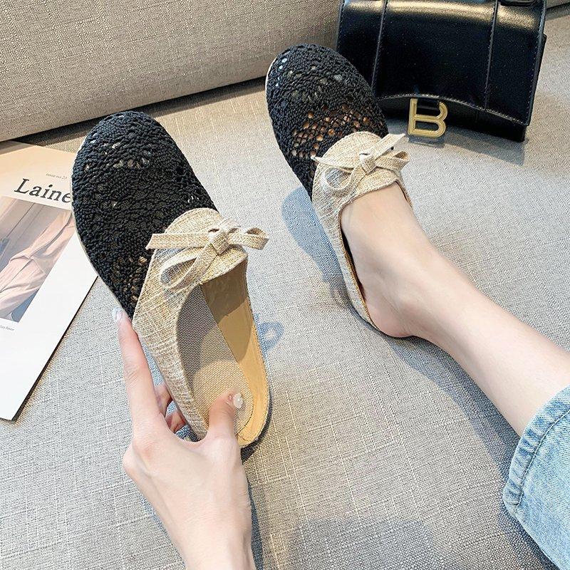 Fashion Half Slippers Female New Summer All-match Wear Mesh Breathable Non-slip Linen Cotton Head Cool Girl Hollow Flat Slides Shoes