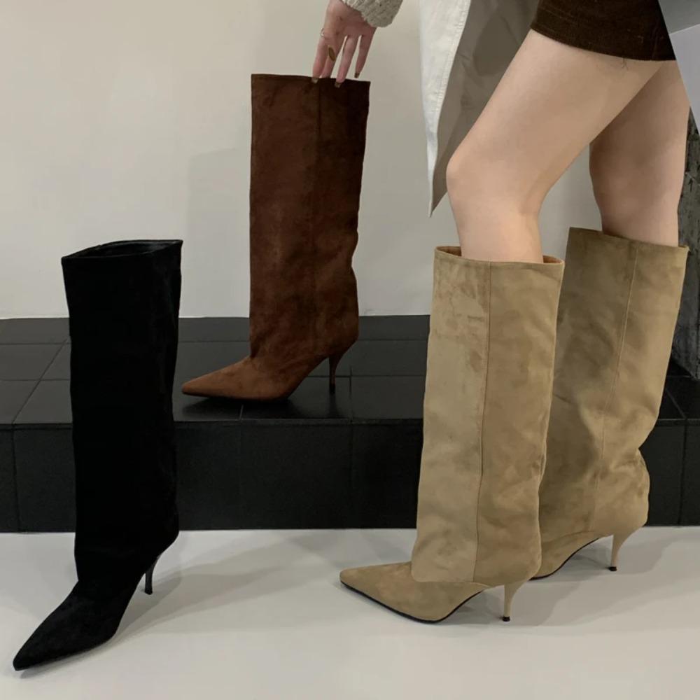 Fashion Vintage Thin Heels Women Knee High Boots Fashion Winter Sexy Pointed Toe Stripper Party Shoes Zapatos De Mujes