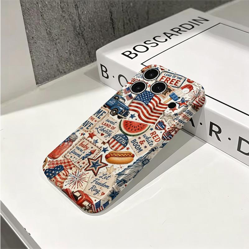 Red White Blue Scrapbook Flag Truck Hotdog Firework Art Film Aesthetic Protective Shockproof Bumper Case For iPhone 13 14 15 16 17 Pro Max Plus