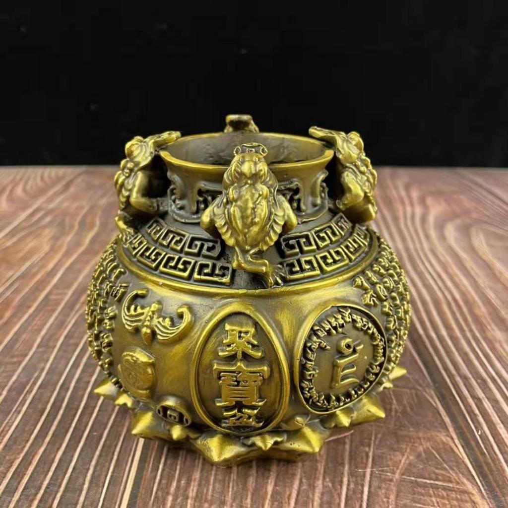 Pure Treasure Bowl Ornament Square Wealth-Attracting Golden Toad Jar Copper Vase Living Room Entrance Home De