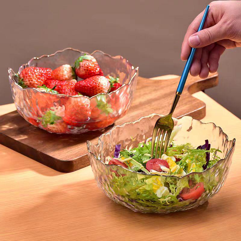 Gold Rim Lead-Free Crystal Salad and Dessert Bowl Set with Hammered Texture