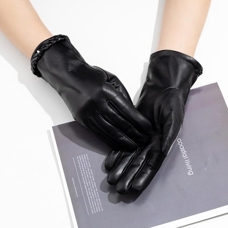 Winter Warm Cycling Genuine Leather Gloves  European and American Outdoor Windproof and Cold-proof Women's Business Fleece Leather Gloves