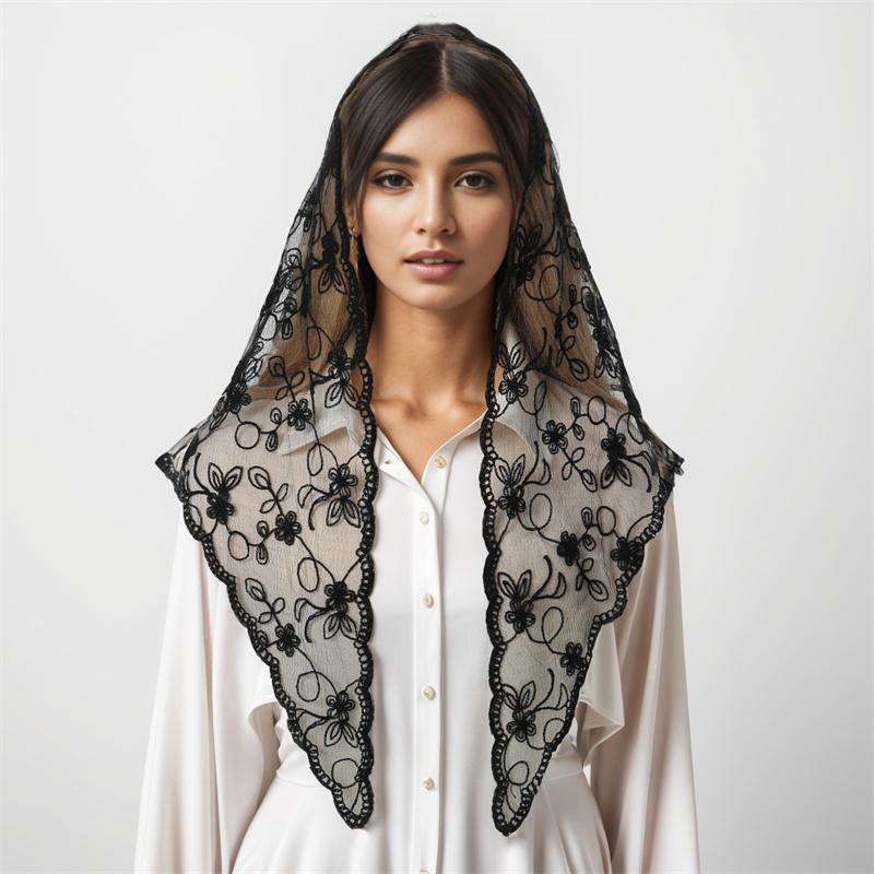 Fashion Church Shawl Lace Veil Polyester Scarf Bandana Church Prayer Wedding Mantilla Chapel White Embroidered Hijab Women Scarf