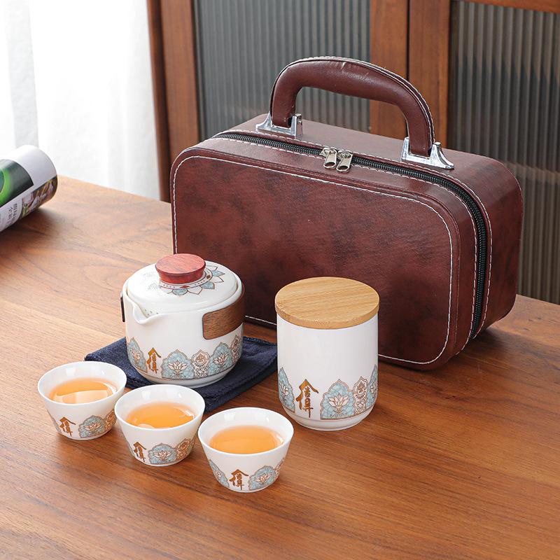 Ceramic Tea Set Travel Portable Outdoor Tea Bag Ceramic One Pot Three Cups Tea Set Home Office Quick Customer Cup Handheld Gift