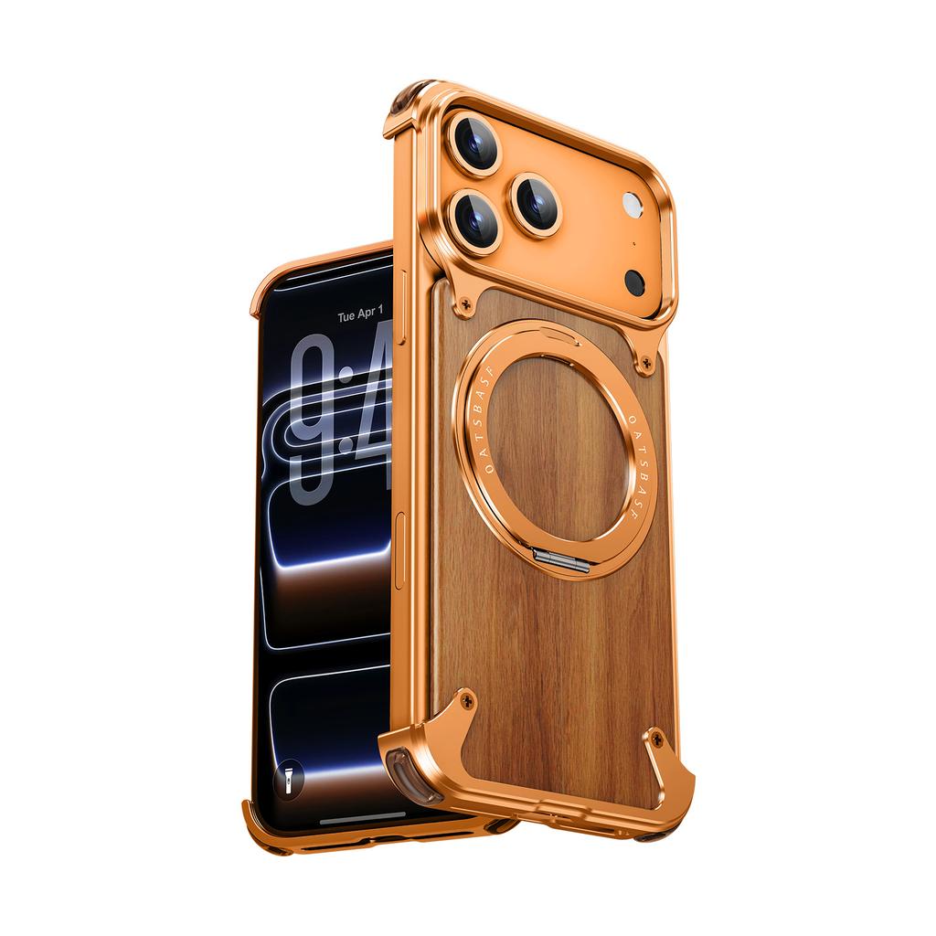 Oatsbasf Solid Wooden Phone Case for iPhone 17 Pro Max/Air/16 Pro with Stand 360° Rotatable Magnetic Shockproof Protective Cover