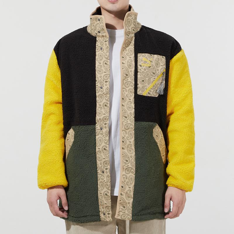 Puma Paisley Cashew Pattern Panel Pocket Patchwork Plush Fleece Collared Jacket With Logo Men Outerwear Lemon-Yellow 534984-51