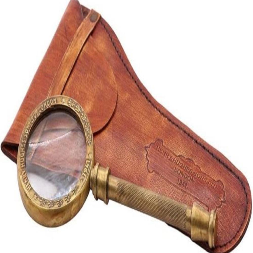 

Старинное латунное увеличительное стекло - 17,78 см с кожаным чехлом как