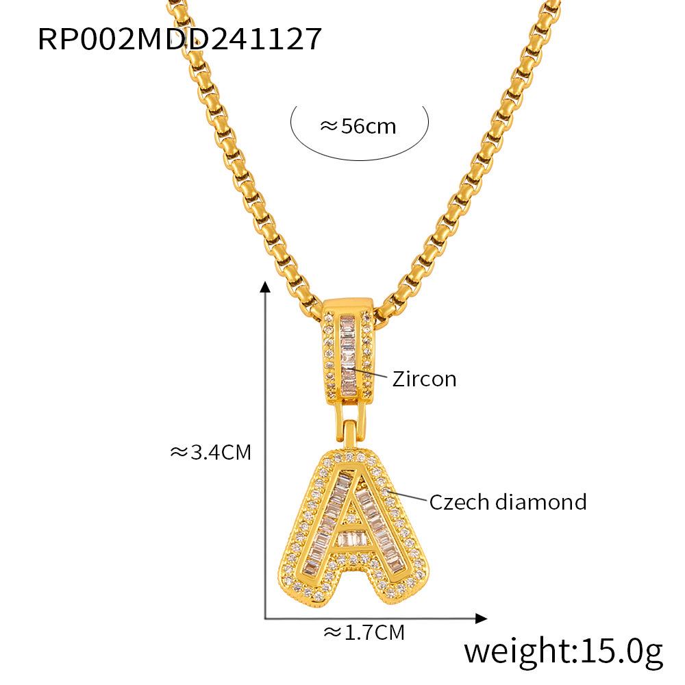 Minimalist Letter Inlaid Diamond Copper Pendant Necklace with Long Box Chain in Gold-Plated Titanium Steel