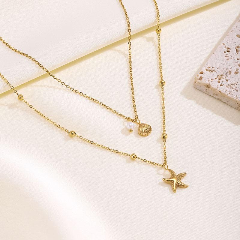 Fashion Double Layered Starfish Shell Pearl Necklace for Women Stainless Steel SeaShell Charm Necklaces Summer Beach Jewelry