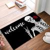 Halloween Scary Skeleton Gesture Print Welcome Carpet Mat Rug Skull Rose Border Non-Slip Indoor Outdoor Home Decoration
