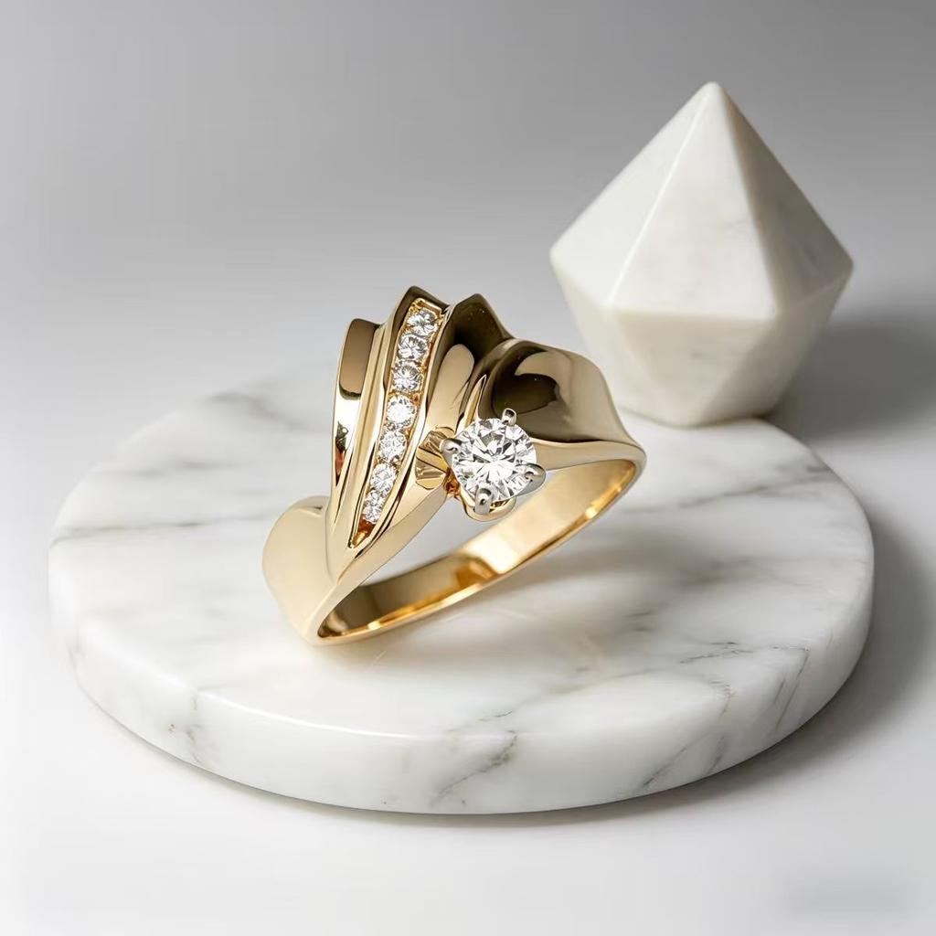Damen Ring Goldfarbe Eingelegt Glänzend Rund Zirkonia Einfacher Stil Vielseitig Party Tägliche Accessoires Modeschmuck