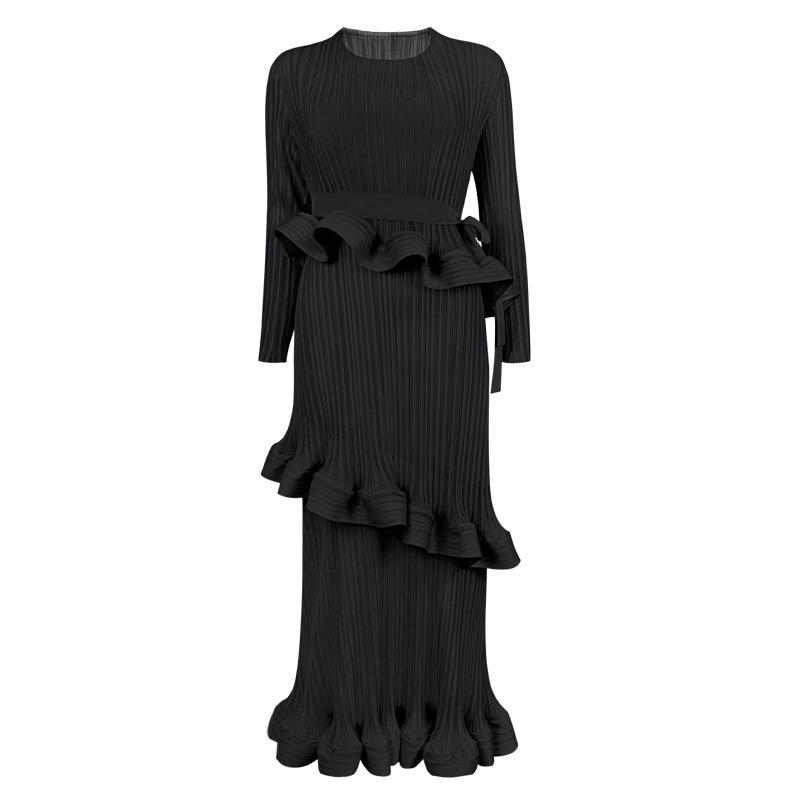 Women's 2025 Spring Miyake Ruffled Long-Sleeve Lace-Up Dress, Medium-Length, Slim Fit, Pleated Bottom Skirt.