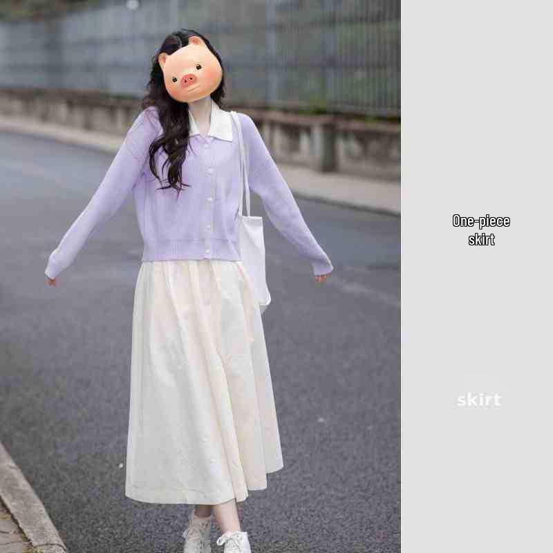 

Early Autumn 2025 Korean Drama Inspired Dopamine Purple Sweater & Midi Skirt Set XL