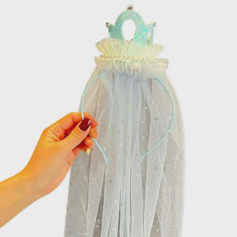 Koreanische Prinzessin 3D Krone Stirnband Schleier für Geburtstagsparty & Blumenmädchen