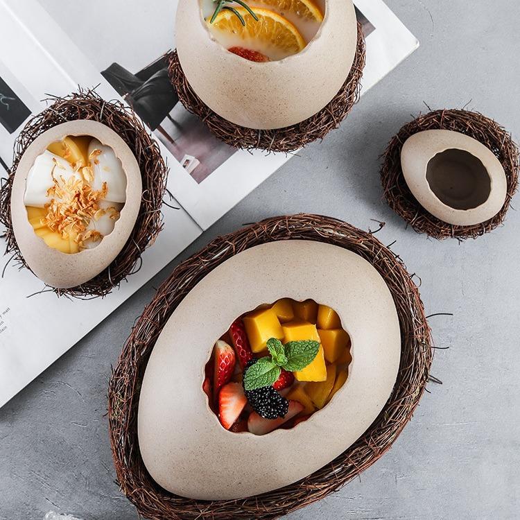 Creative Bird's Nest Decorations Dessert Bowl Eggshell Ostrich Egg Shaped Ceramic Bowl Cold Drink Barbecue Restaurant Tableware