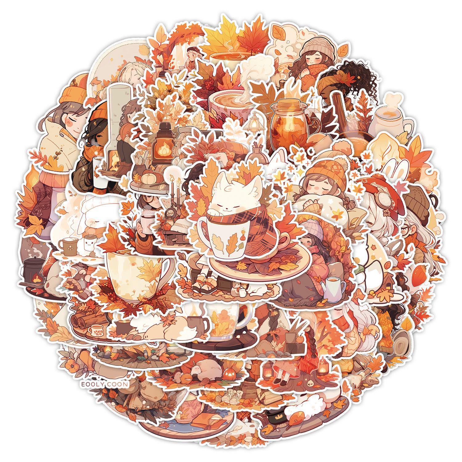 

50 Autumn Leaf Waterproof Stickers for Car, Phone, Water Bottle - Creative Children s Stationery