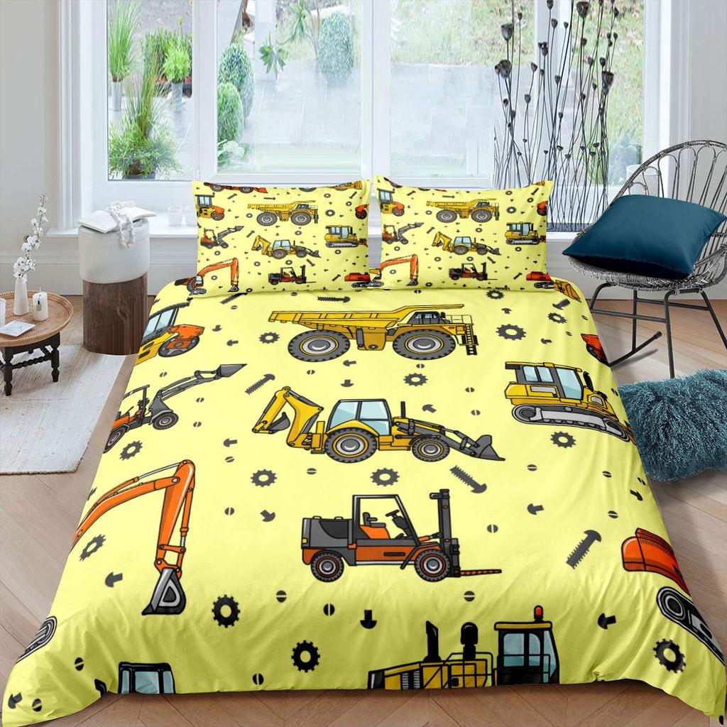 Excavator Duvet Cover Set Microfiber Tractor Truck Comforter Cover Twin Construction Vehicle Cartoon Bedding Set For Boys Teens