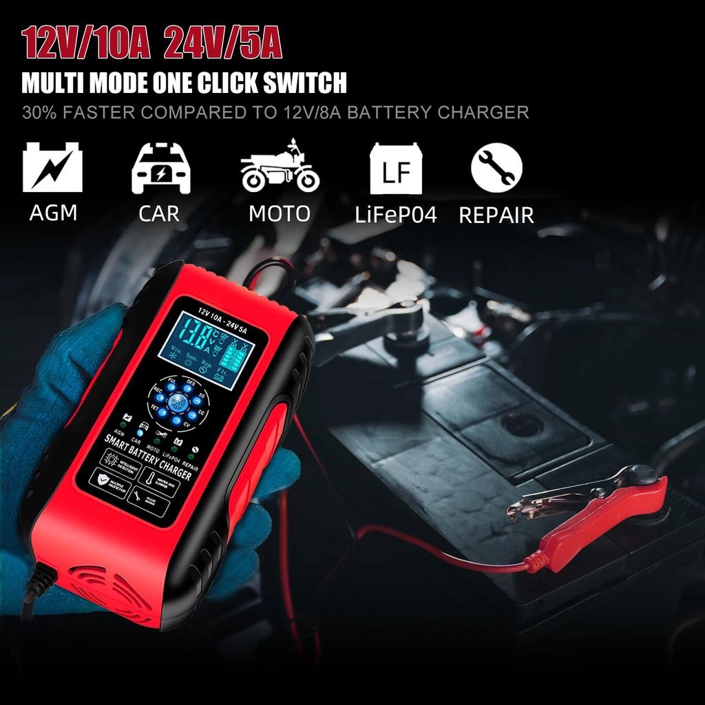 10 A 12/24 V Blei-Säure-Batterieladegeräte für Autos, Motorräder und Elektrofahrzeuge, 7-stufiges Batterieladegerät, Blitzlichtanzeige, praktisches Batterieladegerät
