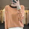 Spring & Autumn Women's Color Block Stripe Sweater - Round Neck, Fine Imitation Wool Knit Top