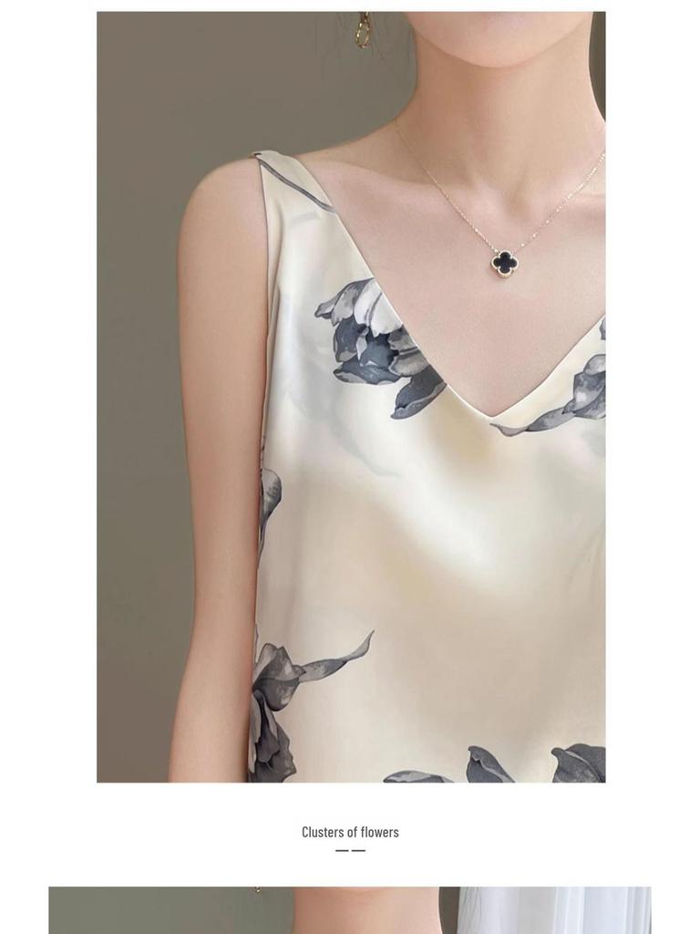 High-Quality Chinese-Style Satin V-Neck Camisole: Women's Sleeveless Summer Top