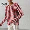 Damen-Oberteile, Rundhalsausschnitt, Langarm, gestreifter Druck, Pullover, lockere Passform, dehnbare Retro-Strickoberteile für den Alltag