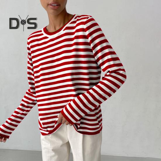 Dámské topy Kulatý výstřih Dlouhý rukáv Svetr s pruhovaným potiskem Volný střih Pružný Retro Pletené topy Denní nošení