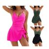 Women Monokini V-Neck Backless Solid Color One-Piece Bikini with Waist Pleated Skirt