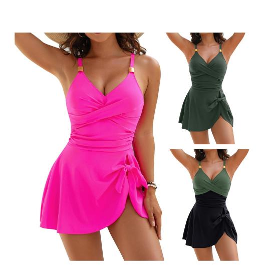 Women Monokini V-Neck Backless Solid Color One-Piece Bikini with Waist Pleated Skirt