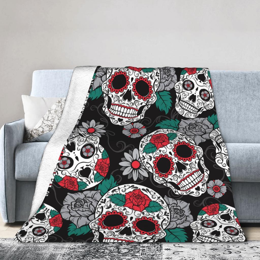 Sugar Skull Day of the Dead Blankets Gothic Mexican Skeleton Halloween Flannel Funny Warm Throw Blankets for Home Spring/Autumn