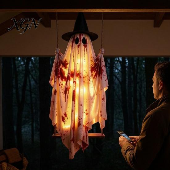 Leuchtende Hängende Figur Schaukel Geist Halloween Dekoration, Gruselige Leuchtende Große Schwingende Wasserdichte Batteriebetrieben mit Blutfarbenem Stoff für Veranda