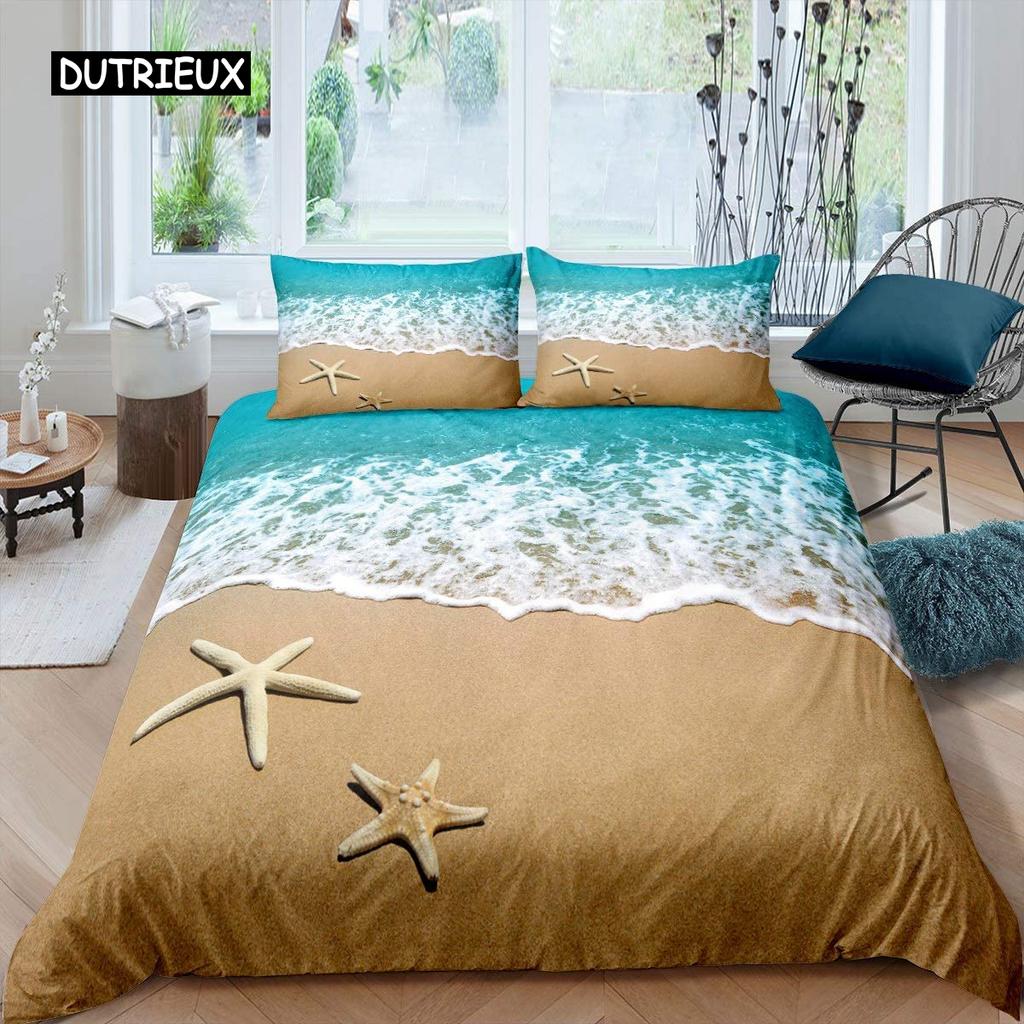 Starfish Duvet Cover Set Summer Beach Seashell Starfish Twin Bedding Set Polyester Hawaiian Tropical Nature Sea King Quilt Cover