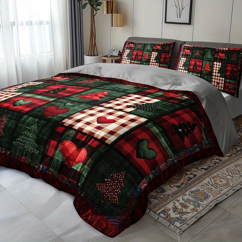 

3Pcs Christmas Tree & Plaid Bedspread Set With Red/Green Tartan Duvet Cover & Pillowcases - All-Season Soft Brushed Bedding Duvet Cover Set&EU Single(135x200cm)